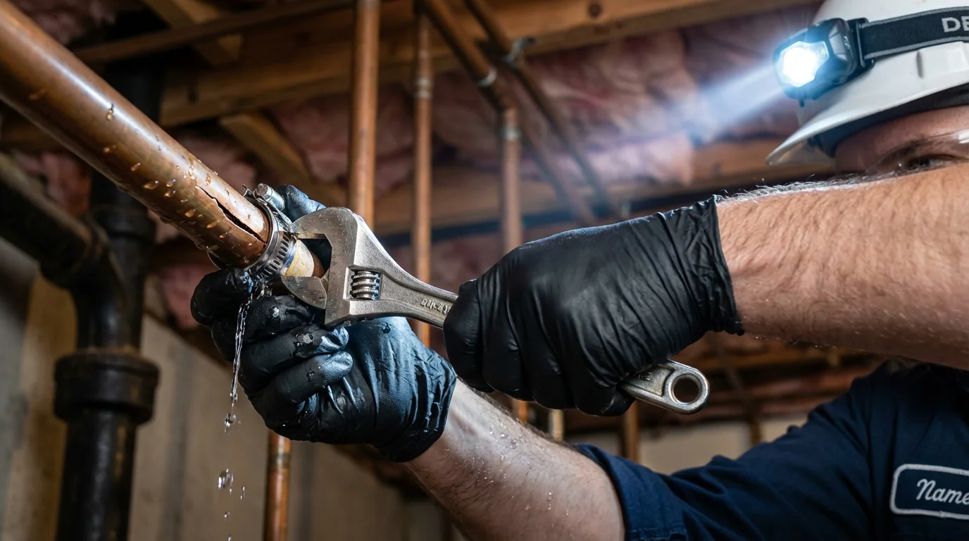 Emergency pipe clamp repair being performed by a Johns Plumbing LLC plumber in Benton