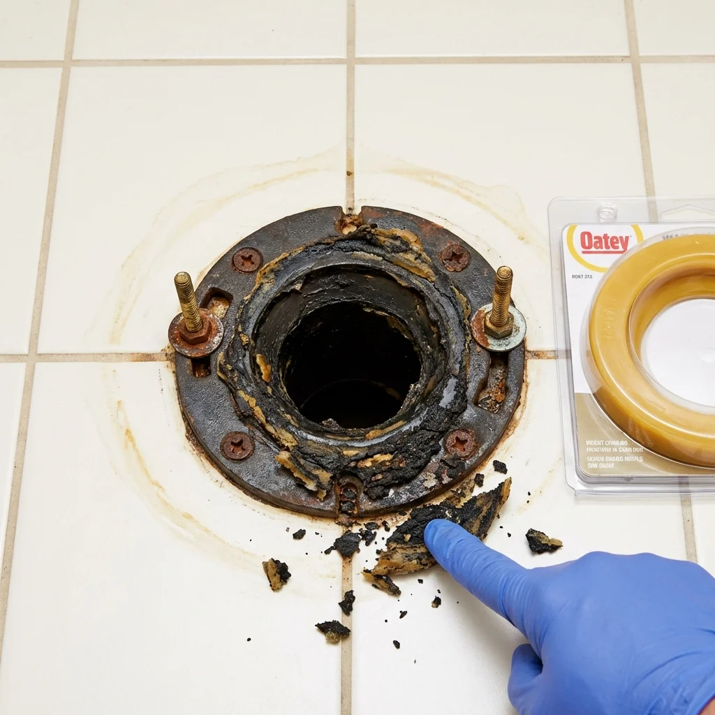 Failed wax ring showing water seepage at the base of a toilet in a Benton, LA home