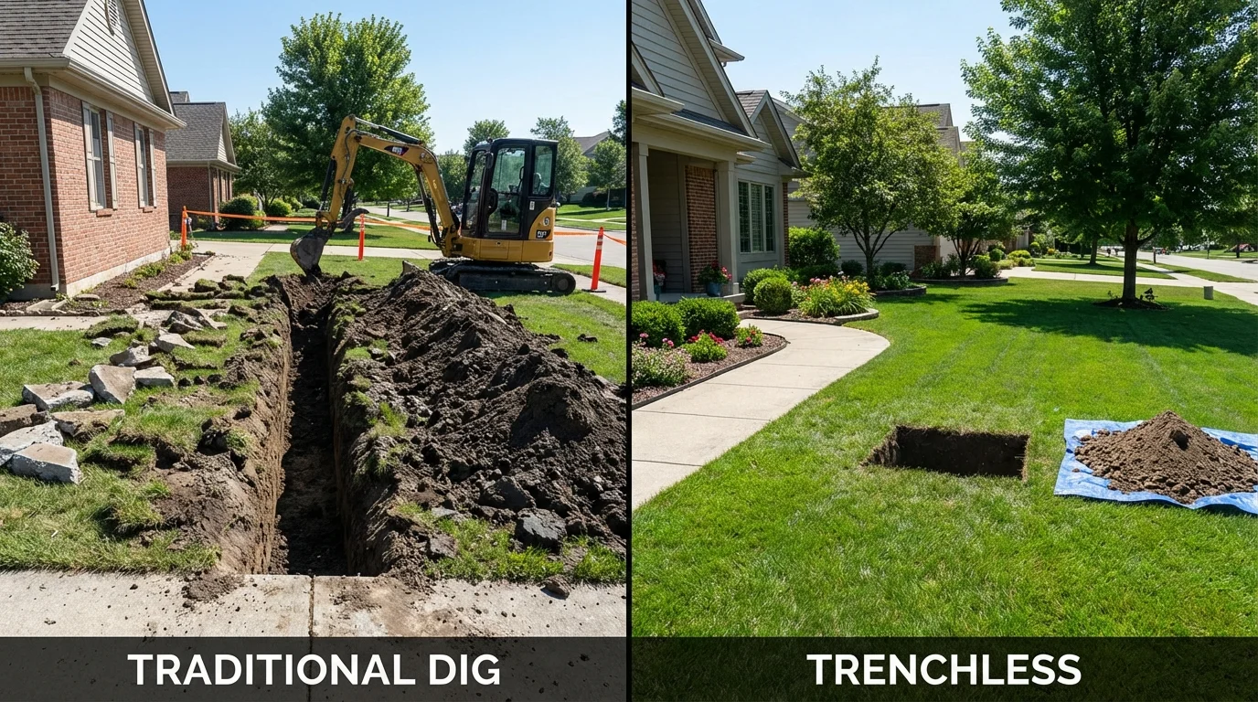 Trenchless sewer repair with minimal yard damage versus traditional excavation in Benton, LA