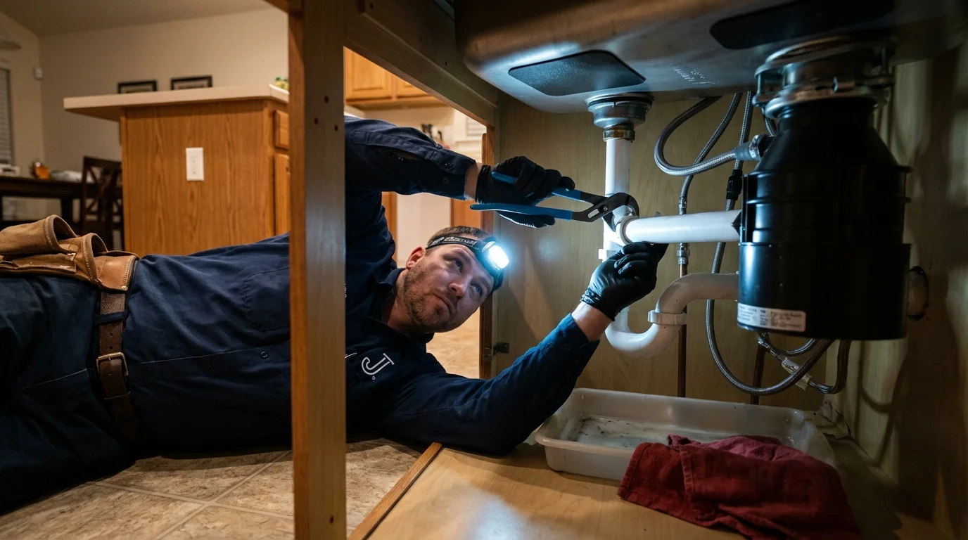 P-trap and supply line connections under a kitchen sink showing a common leak point in Benton, LA